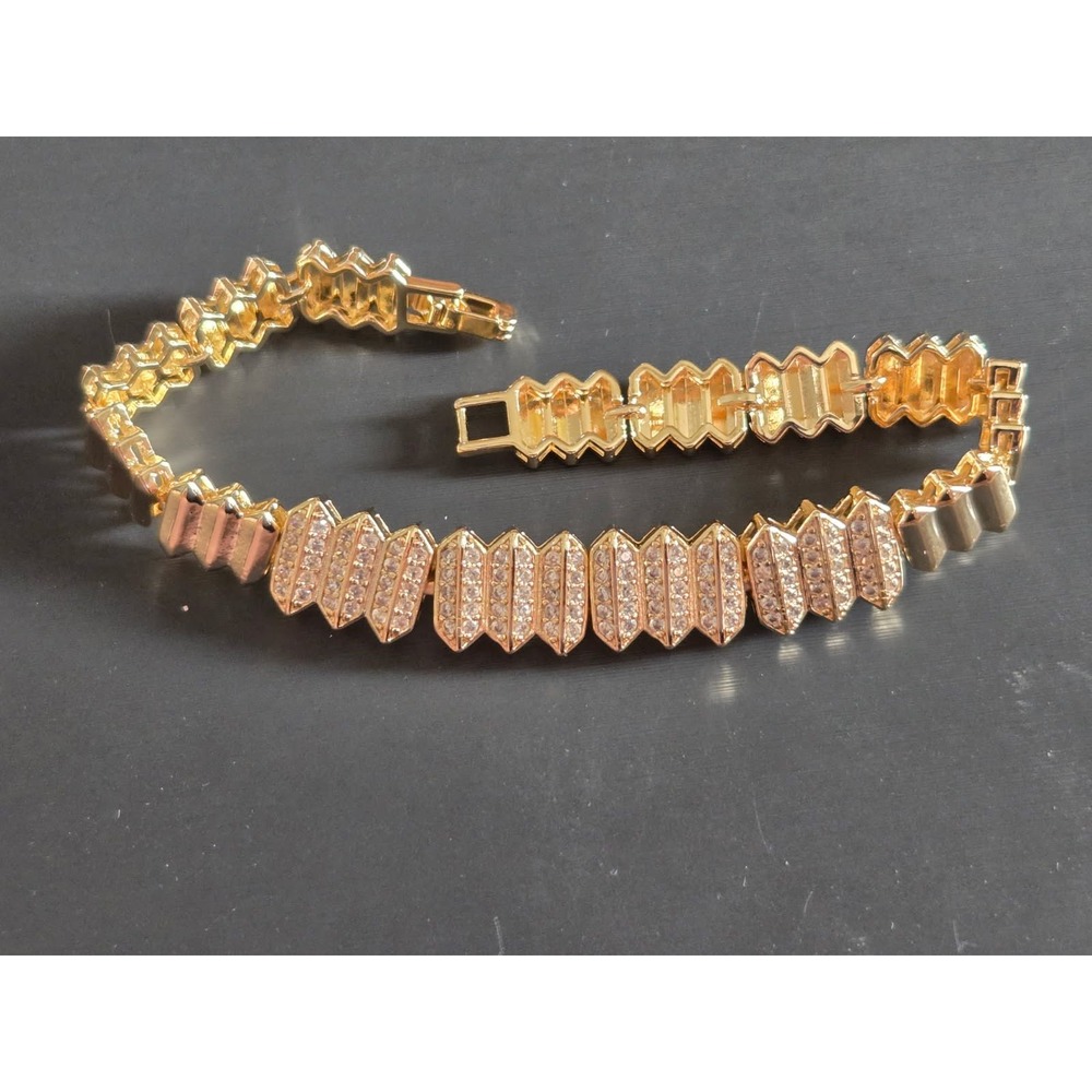 Gold Tone Geometric Zig Zag Link Bracelet Pave Crystal Statement Jewelry